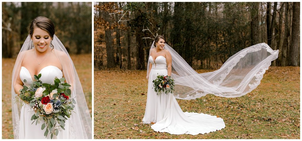 the bride holding her flowers with a beautiful wind blown veil