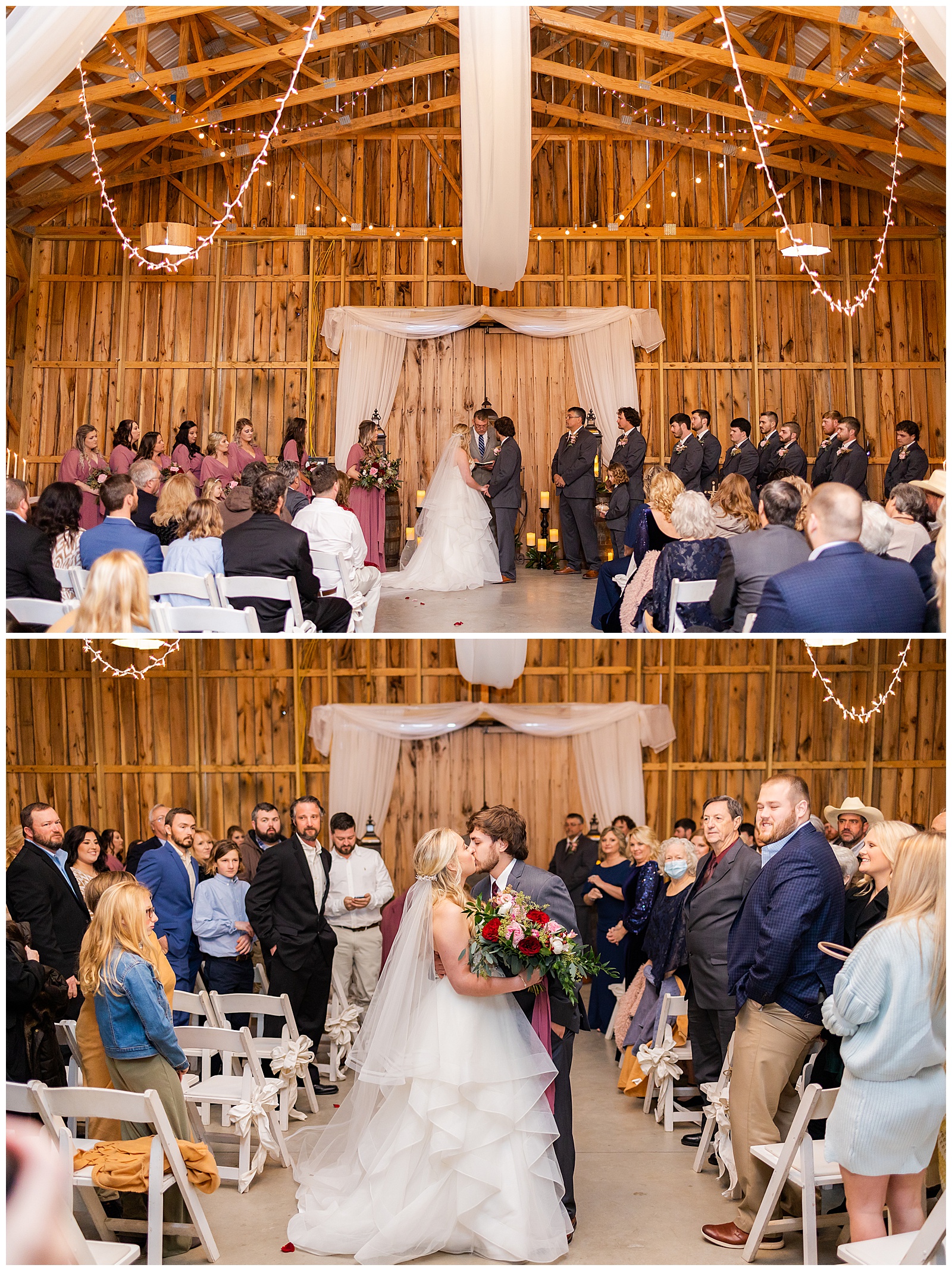 photographer captures the indoor ceremony at a rustic pine farms wedding