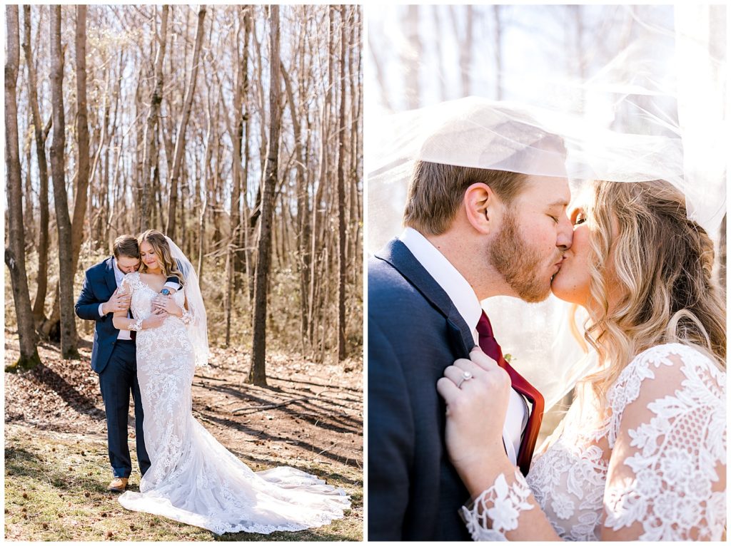 Wedding photographer captures bride and groom kissing at Harmony Hills in Albertville, Alabama.