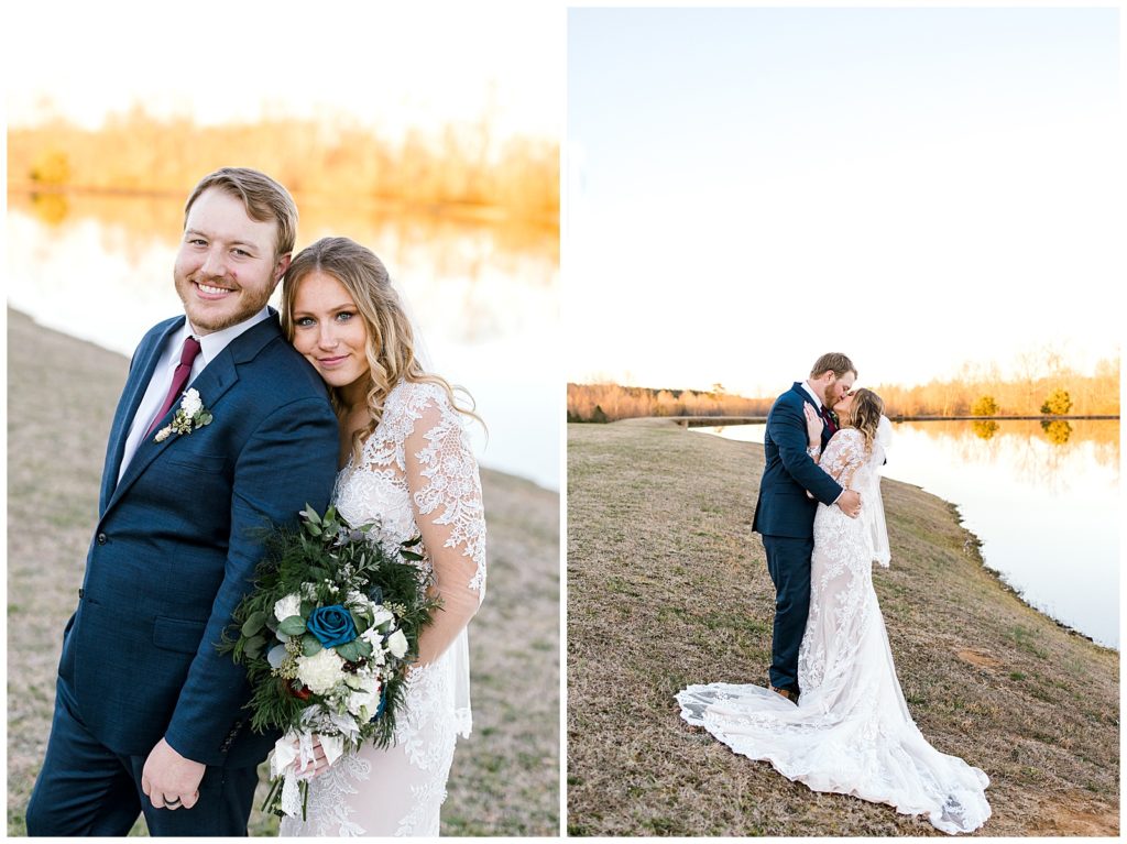 Alabama photographer captures bride and groom with Harmony Hills lake behind them.